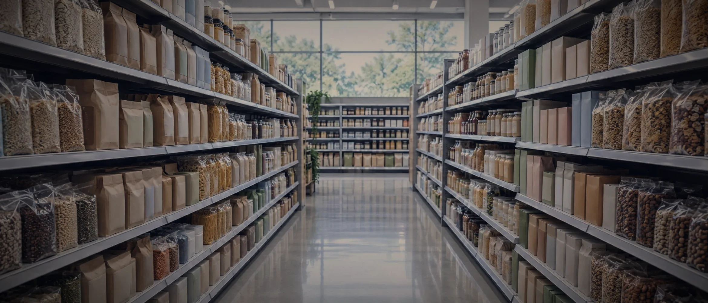 A quiet grocery aisle at night, shelves of packaged grains, nuts and dry goods