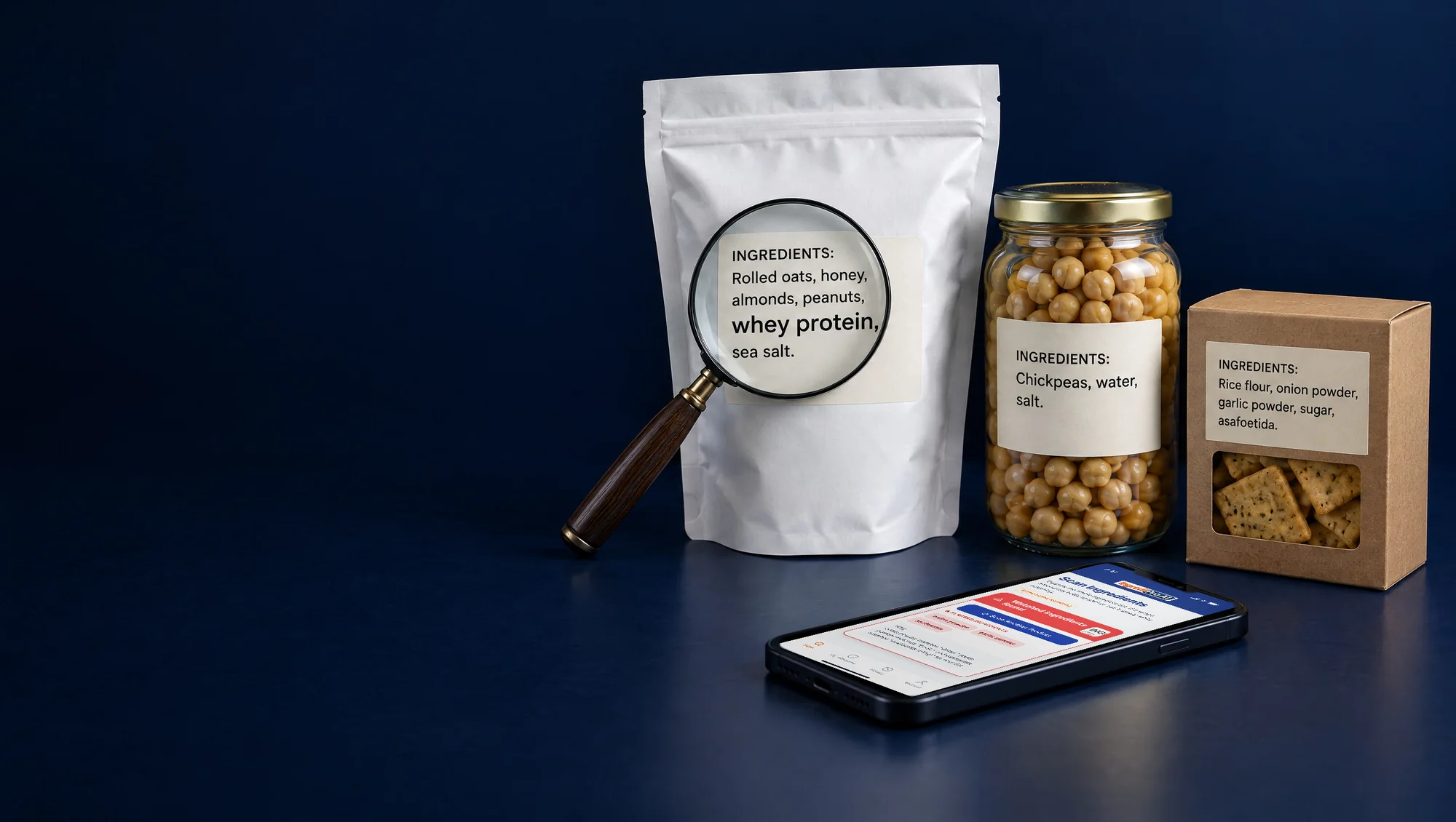 A phone showing an IngrediPro AI result beside a pouch, a jar and a box, each with its ingredient list; a magnifying glass enlarges the words whey protein