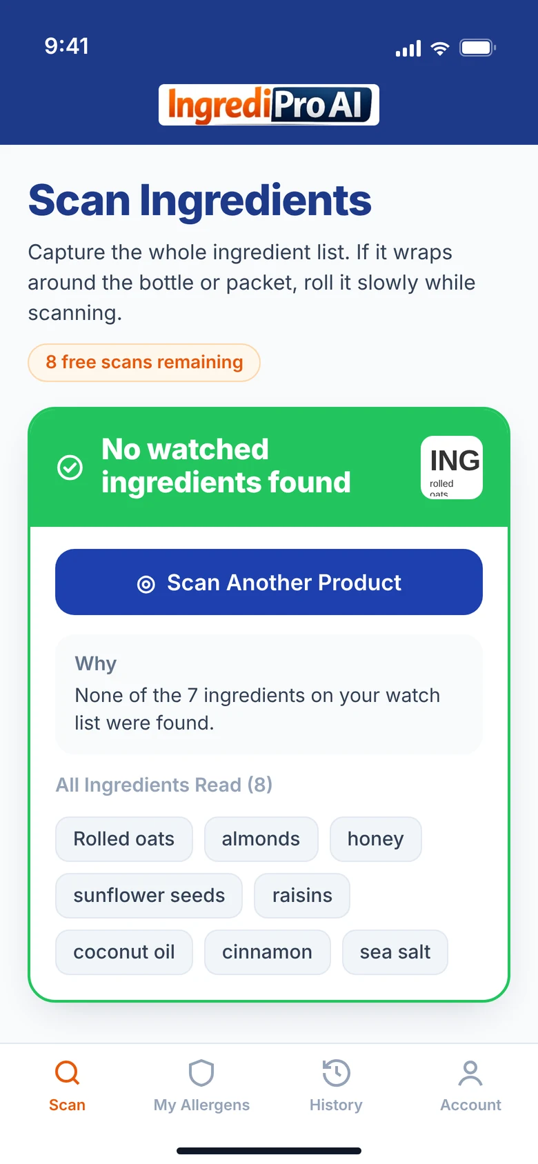 Green result: no watched ingredients found