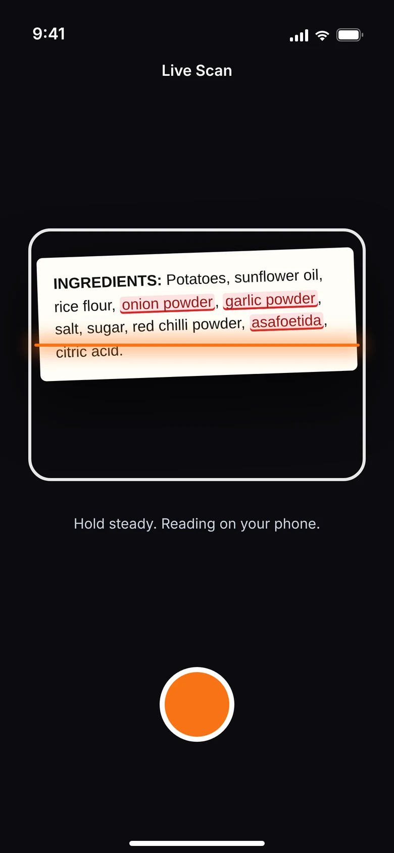 Live Scan reading an ingredient label